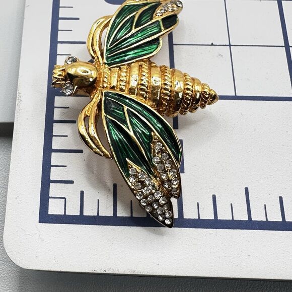 French Designer CARVEN Gold Tone Green Enamel Bee Brooch Pin Modele Depose #1282 - Picture 12 of 12